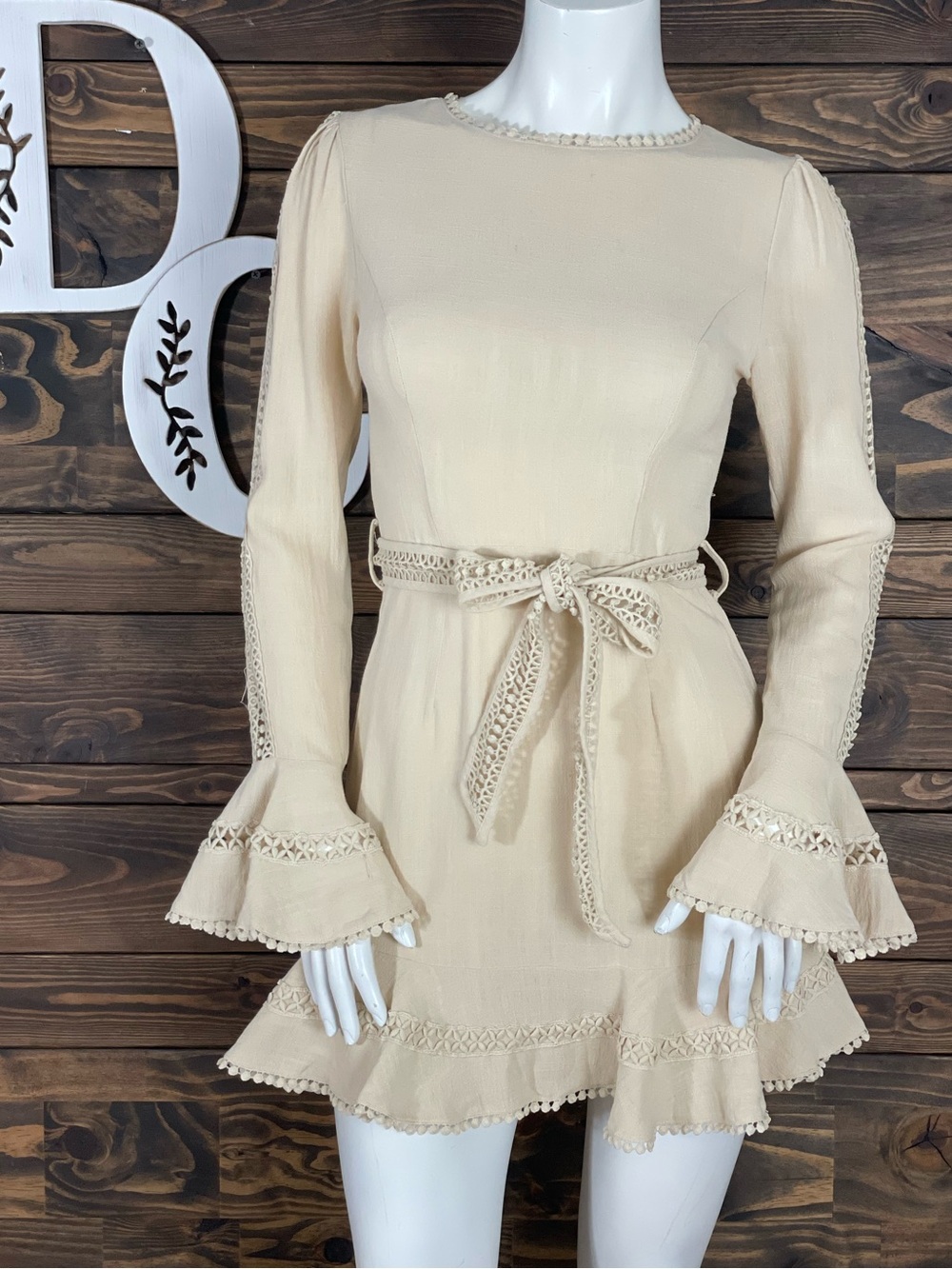 Selfie Leslie | Aspley Flare Cuff Waist‎ Tie Cream Ruffle Long-Sleeve Mini Dress
